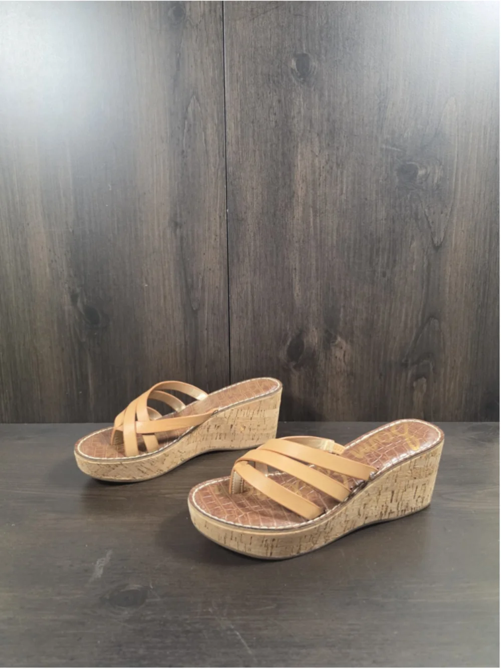 Sam Edelman Strappy Criss-cross Cork Platform Wedge Sandals 9.5 M Natural Brown